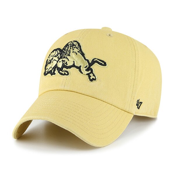 Gold adjustable hat with curved bill featuring embroidered vintage CU Buffaloes buffalo logo on the front and small '47 logo on the left side